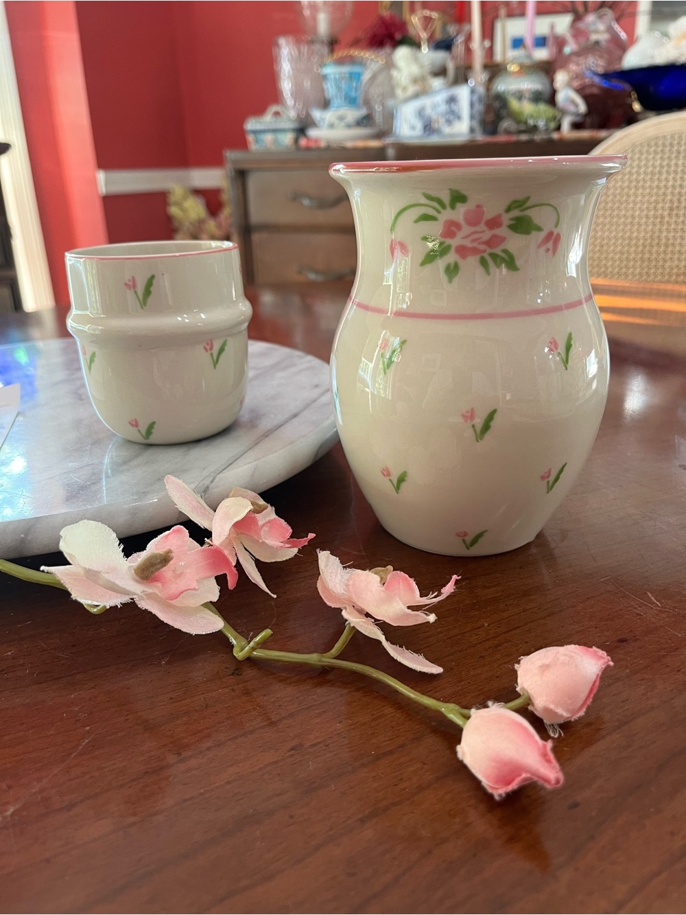 Vintage 1985 Ceramic Floral Teleflora Inc Water Bedside Carafe Cup Bedside Tulip